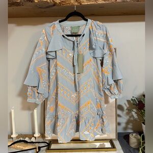 NWT 100% Greek Linen Embroidered Ruffle Mini Dress with Pockets - Aether Concept